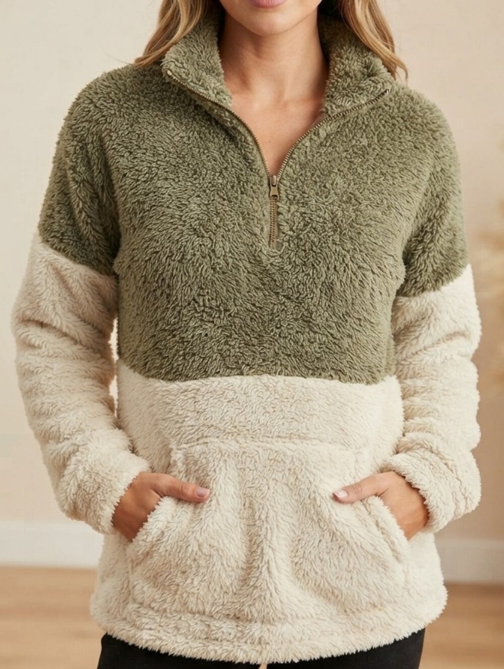 Women’s Fuzzy Sherpa Colorblock 1/4 Zip Pullover Olive & Cream Soft Teddy Fleece
